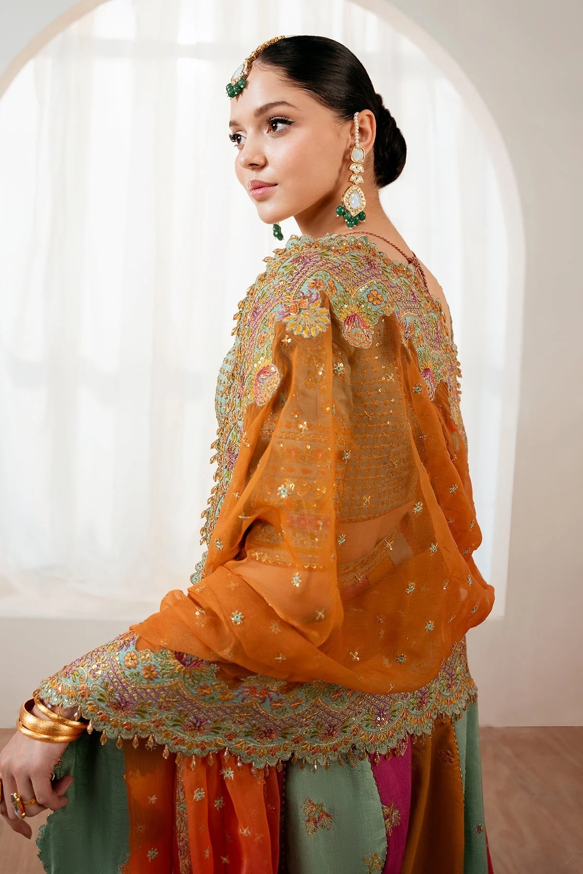 EMBROIDERED SILK pakistani fashion outfit in mustard, pink, aqua…